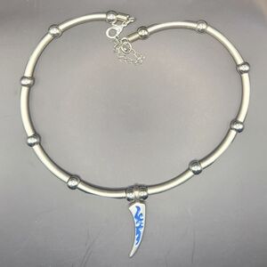 15" Silver Tone Tube Mens Necklace Blue Topaz Around and Single Shark Tooth